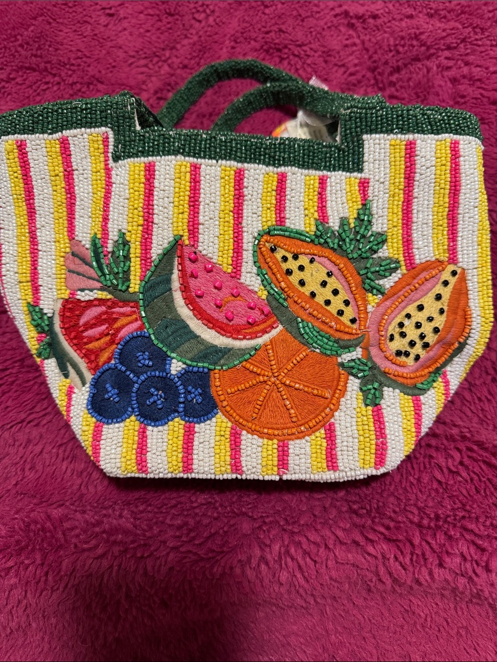 Hand-Beaded Tropical Fruit Tote in Green and Multicolor - Picture 9 of 9